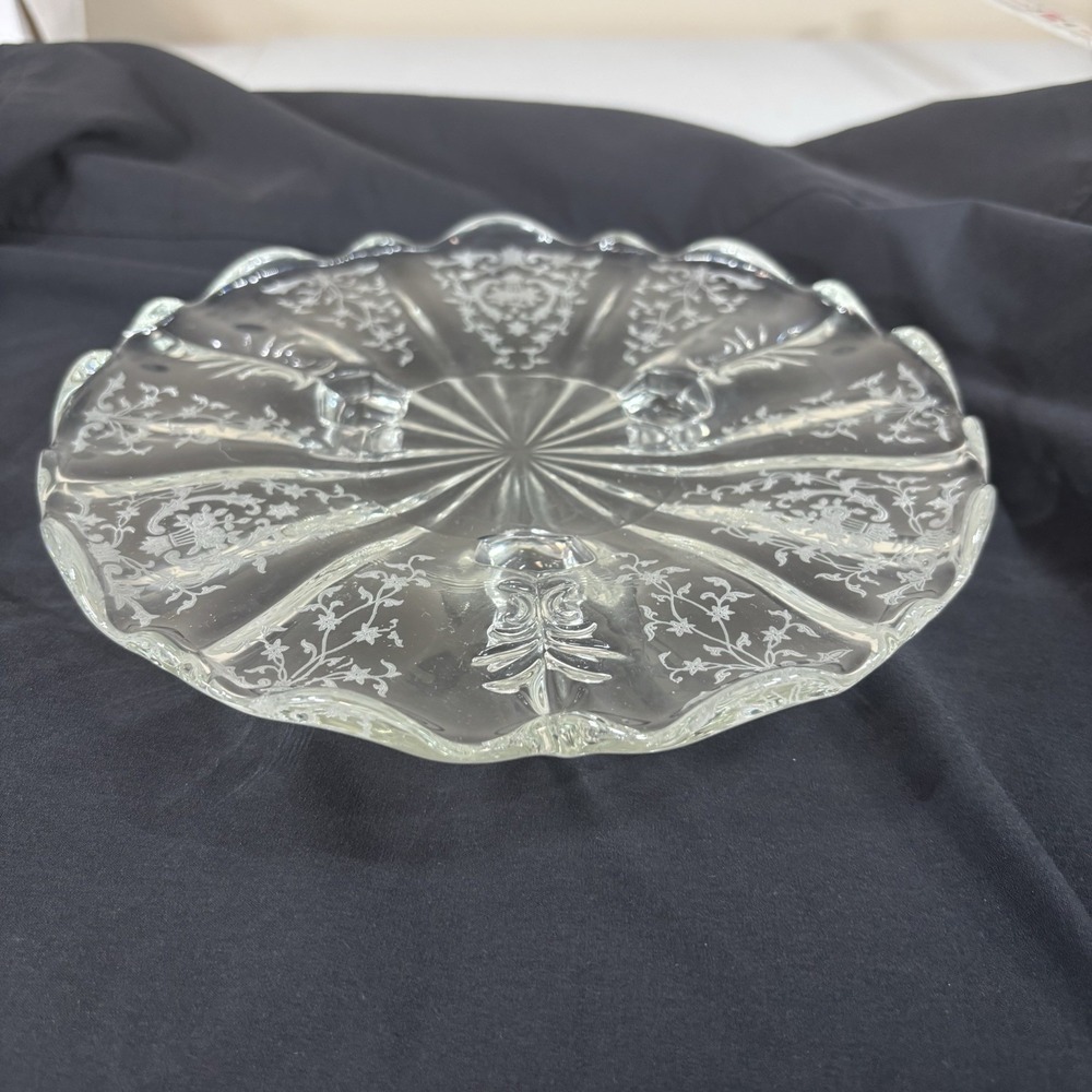 Fostoria Chintz Etched Baroque Three Toed Tidbit Crystal Dish 8 inches Wide